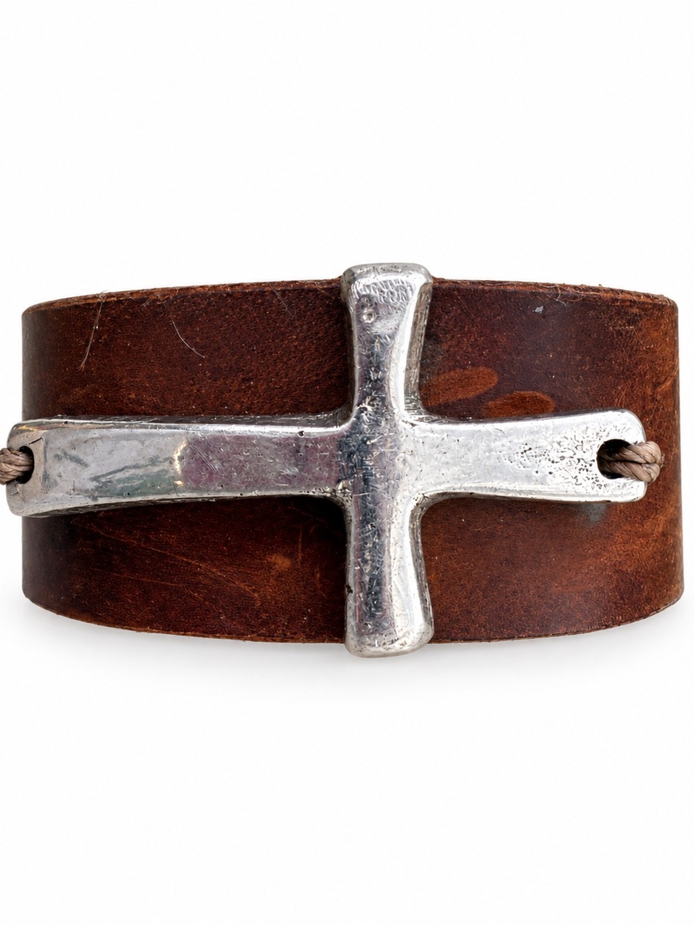 Genuine Brown Leather Cross Cuff Bracelet Unisex Snap Closure